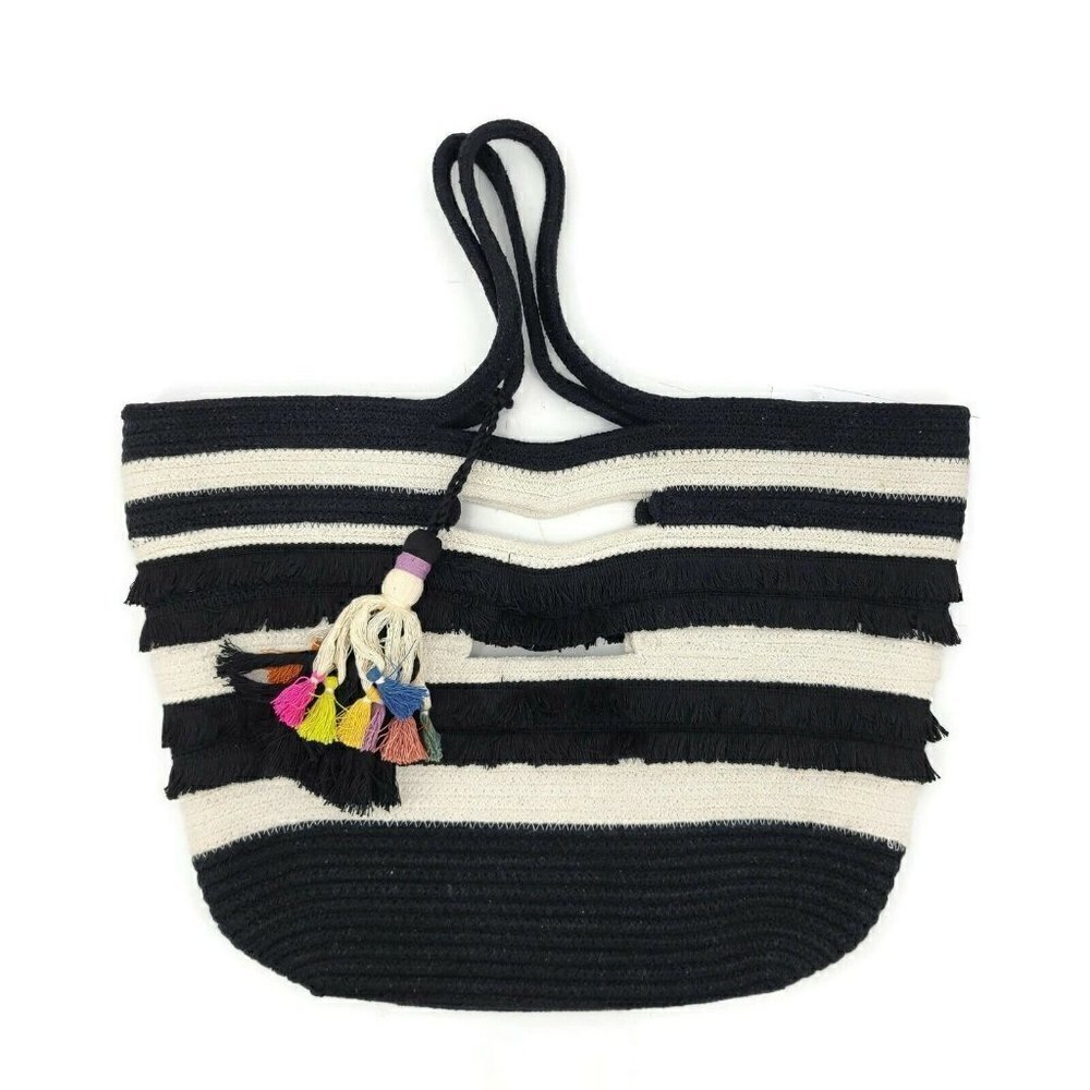 New Stella & Dot Taj Large Tote Bag Black Cream White Stripe Tassel Purse